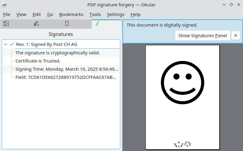 Screenshot of Okular opening forgery_legacy.pdf