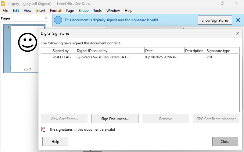 Screenshot of LibreOffice for Windows opening forgery_legacy.pdf